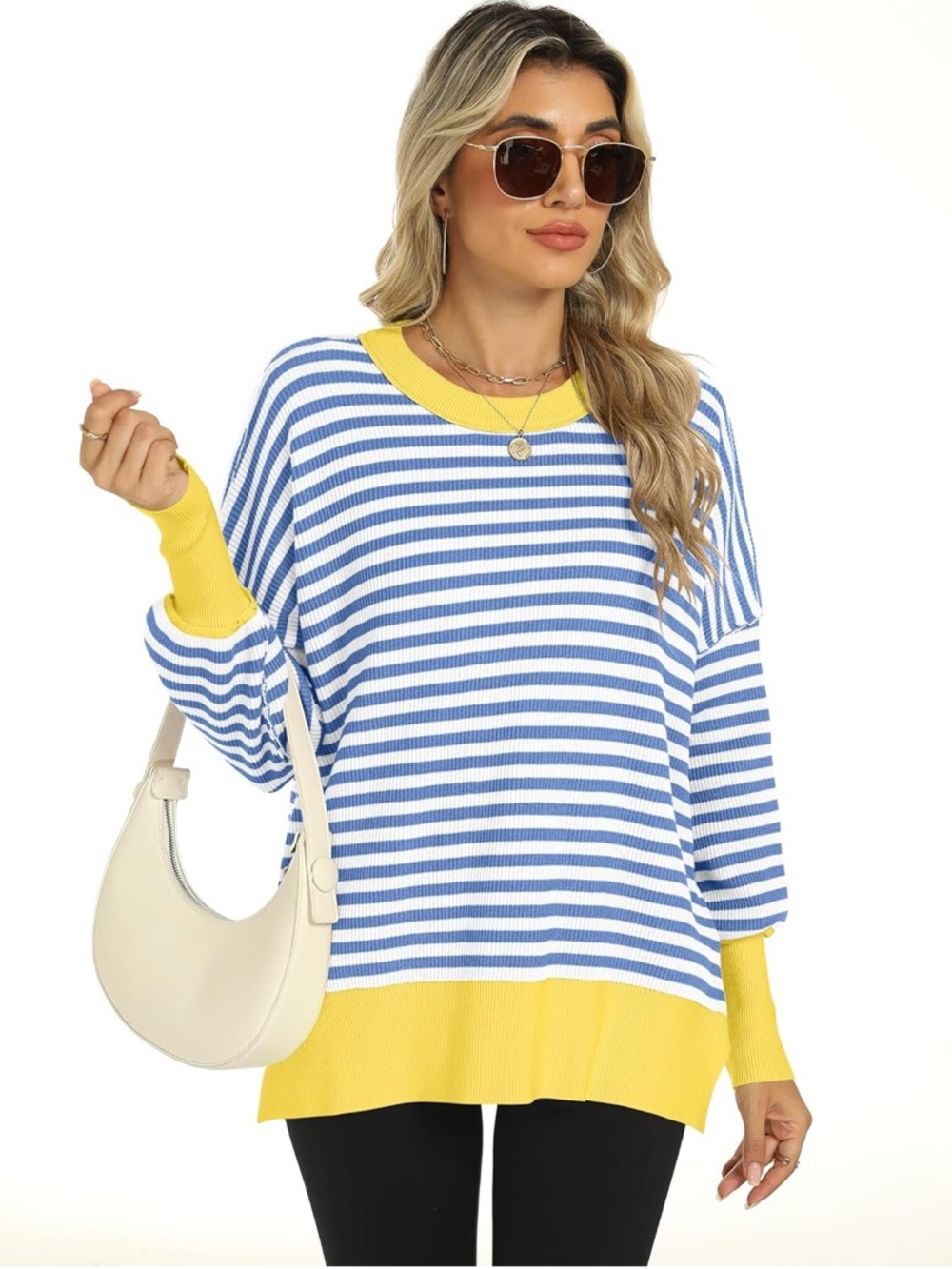 Plus size Blue and White Striped Sweater with Yellow Trim